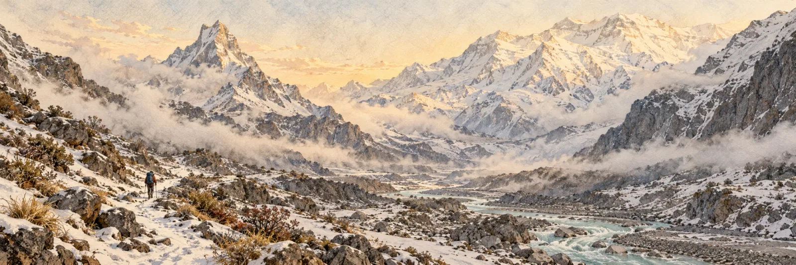 A watercolour of a snowy Himalayan valley at first light: a lone walker with a pack on a rocky trail, a glacial river winding between boulders, and a sharp fishtail peak rising above the mist.