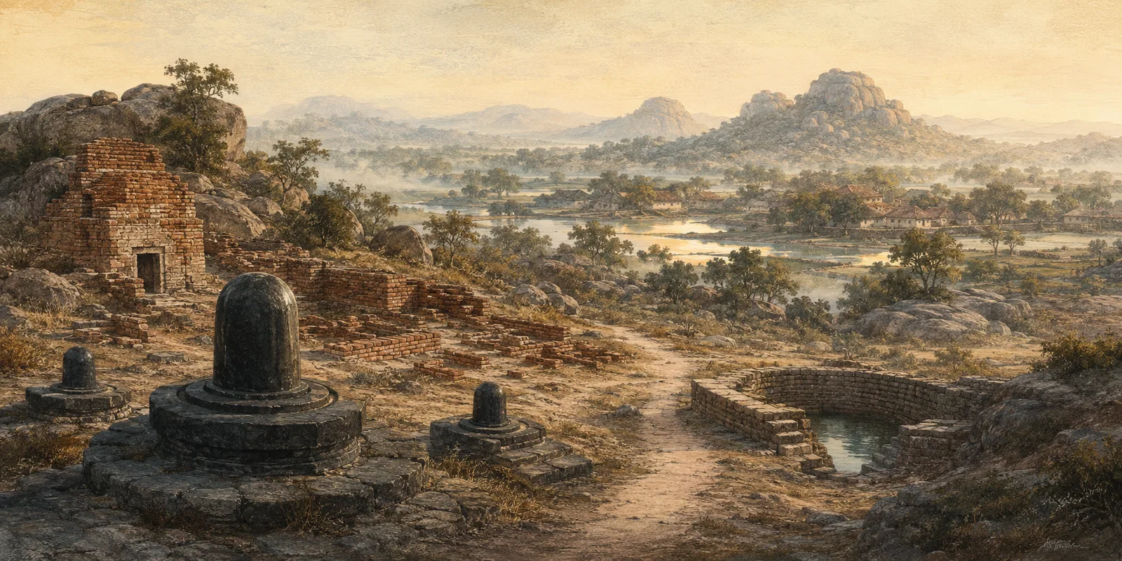 Illustration of stone lingas, brick ruins and a water tank among granite hills.