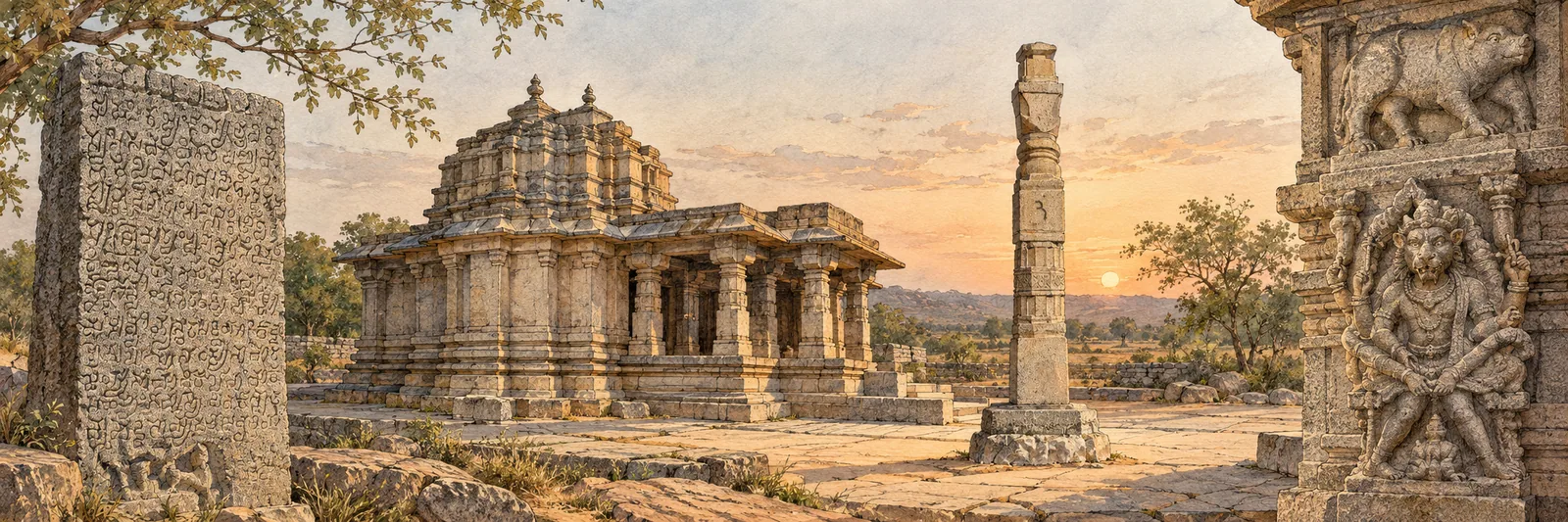 A pen and ink drawing at sunset: an inscribed stone slab in the foreground, a stone temple with a tiered tower, a freestanding pillar, and a carved pillar with a boar and a lion-headed figure at the right edge.