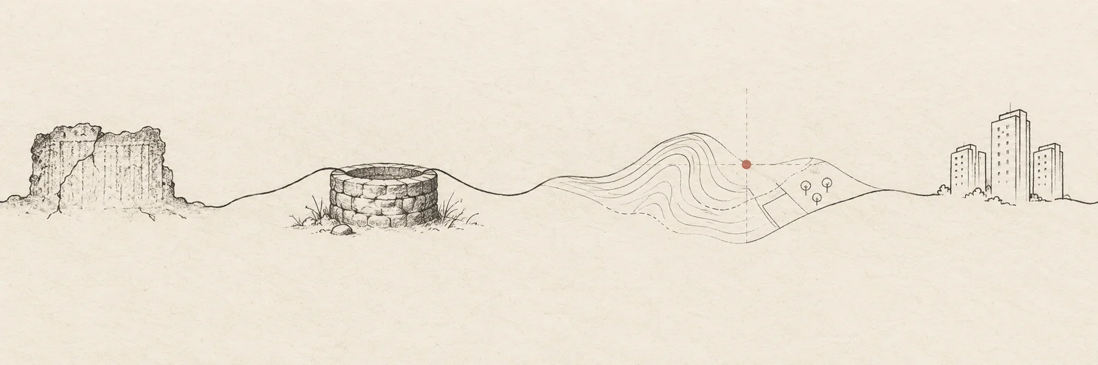 A pen and ink band running left to right: ruined stone walls, a stone well, a contoured survey sheet marked with a red dot, and apartment towers.