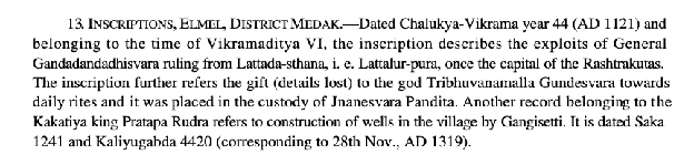The ASI entry for Elmel, Medak district, describing inscriptions of 1121 and 1319.