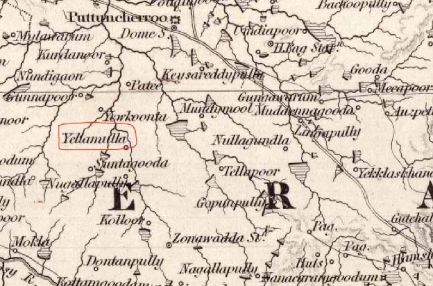 Detail of Indian Atlas Sheet 75, 1842, with Yellamulla circled among neighbouring villages.