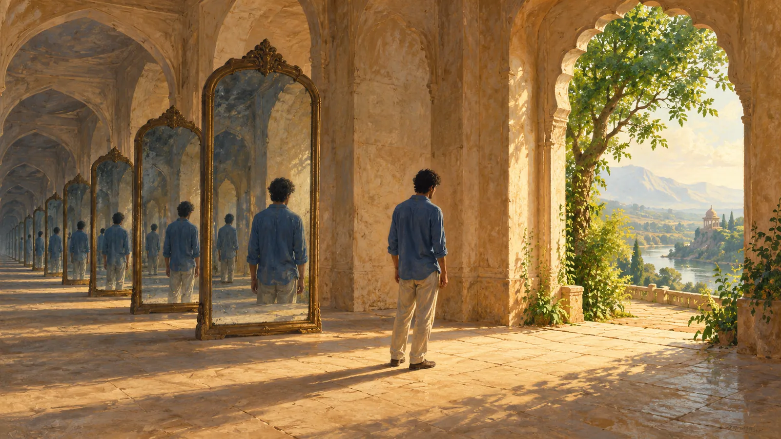 An oil painting of a sunlit stone colonnade with Indian arches. A man in a blue shirt stands before a row of gilded mirrors that repeat his reflection into the distance, while an open arch beside him looks out on a green valley, a river and mountains.