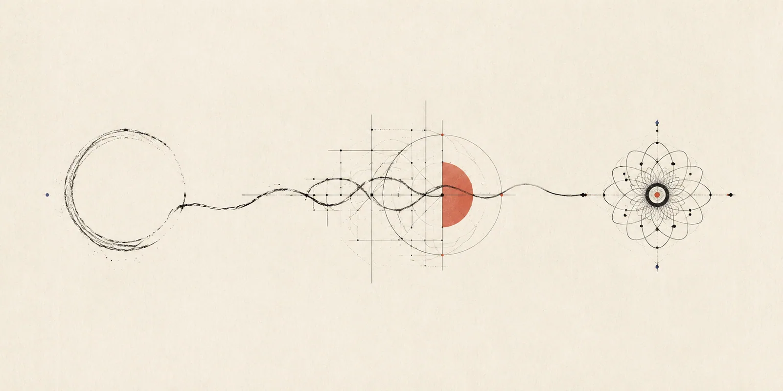 A drawn line travelling left to right, from a loose scribbled circle through a ruled grid and a red disc into a precise geometric rosette.