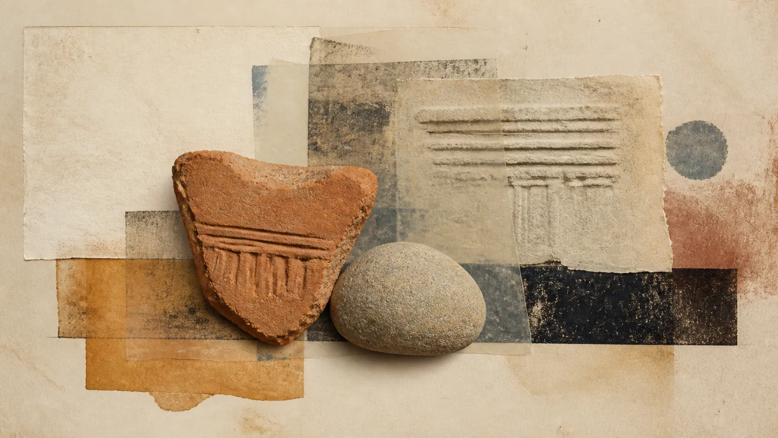 An editorial collage of terracotta fragments, a river stone and archaeological paper layers.