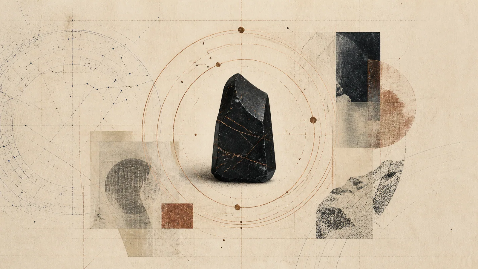 An editorial collage of an obsidian stone, orbital geometry and archival paper.