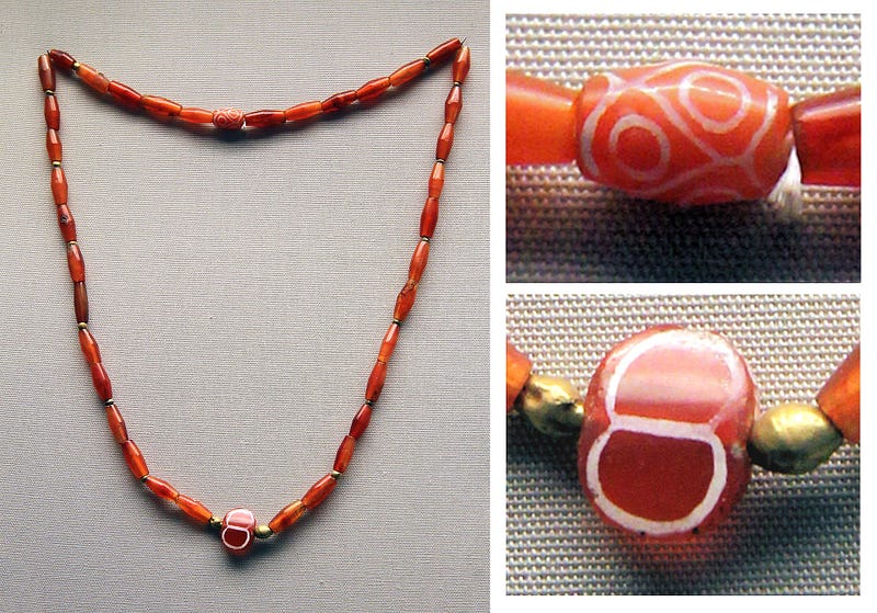 Etched Carnelian beads found in Ur, dating to the first dynasty, 2600–2500 BCE