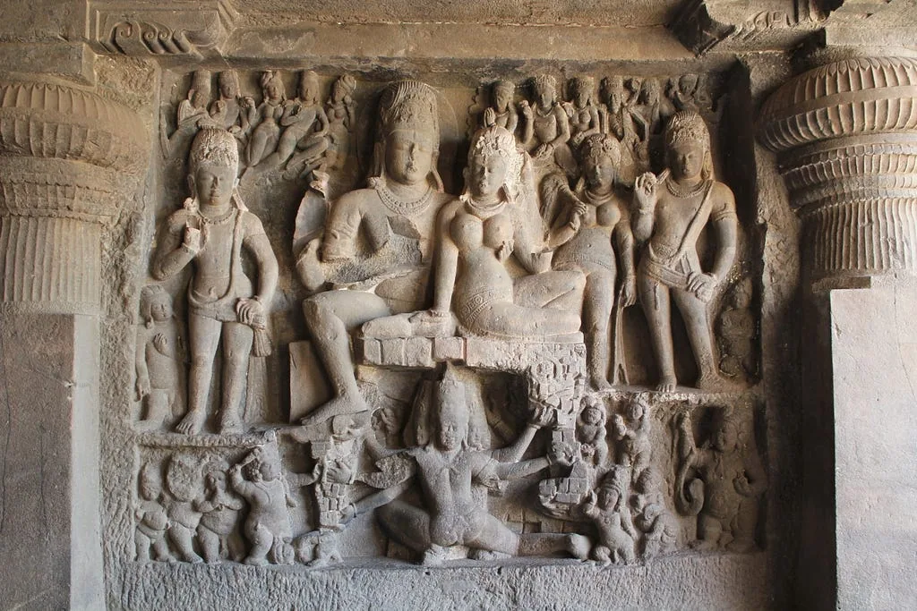 Ravana shaking Mount Kailasa, Cave 29, Ellora