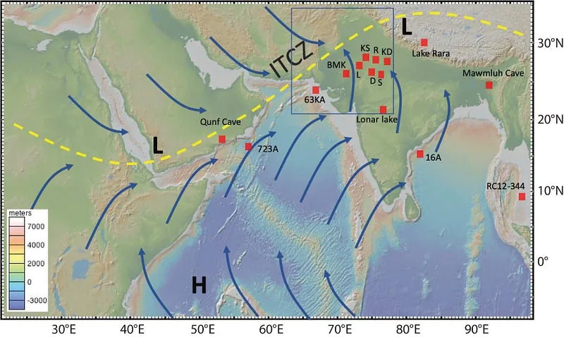 Physiographic map of the Indian subcontinent and adjacent ocean regions with a schematic of surface wind patterns. Blue arrows indicate the general directions of the Arabian Sea and Bay of Bengal branches of the Indian summer monsoon. Photo courtesy: Yama dixit et.al